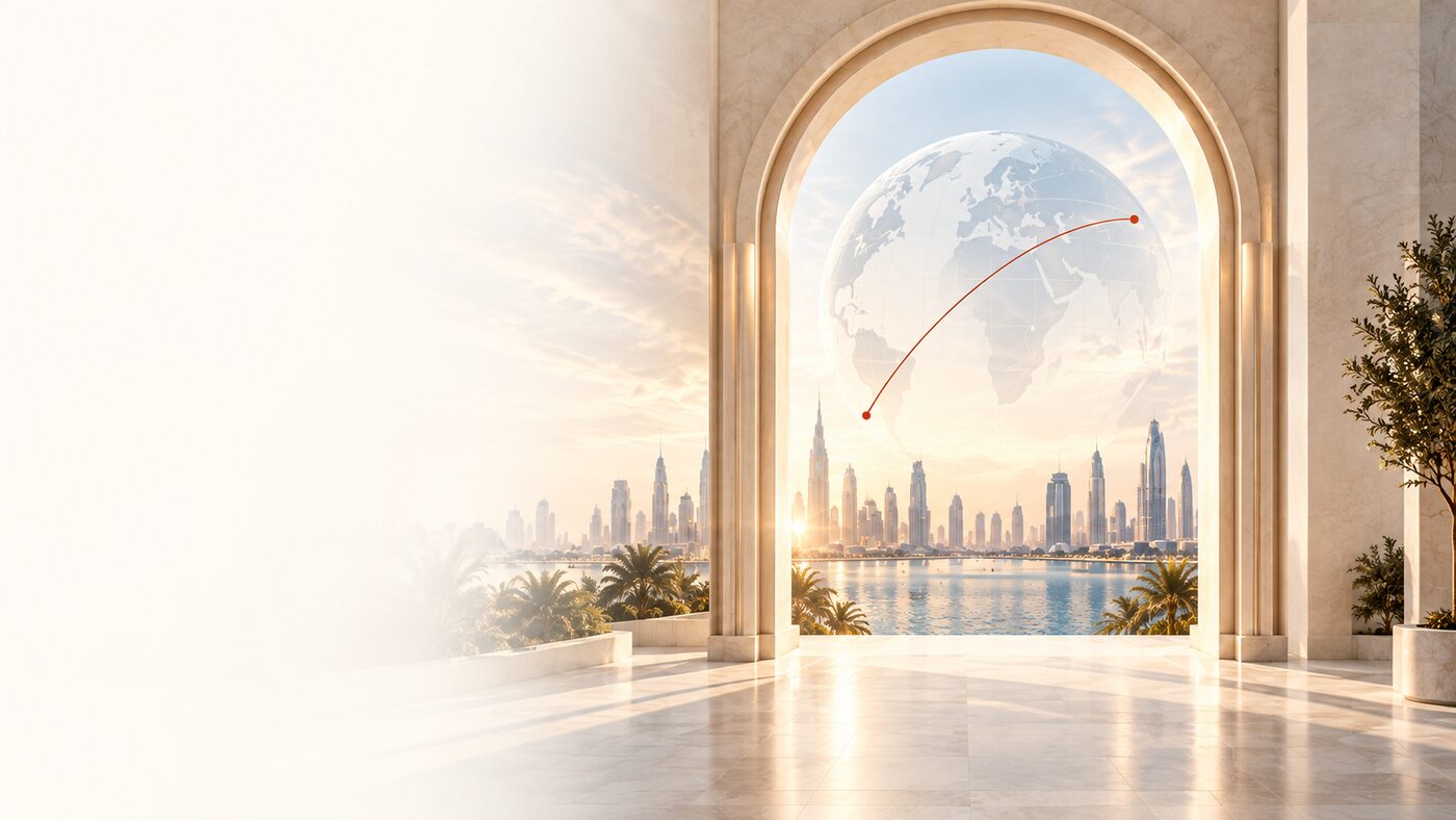 View through a cream stone portal toward a distant Gulf city skyline, with a globe and a route line arcing across it