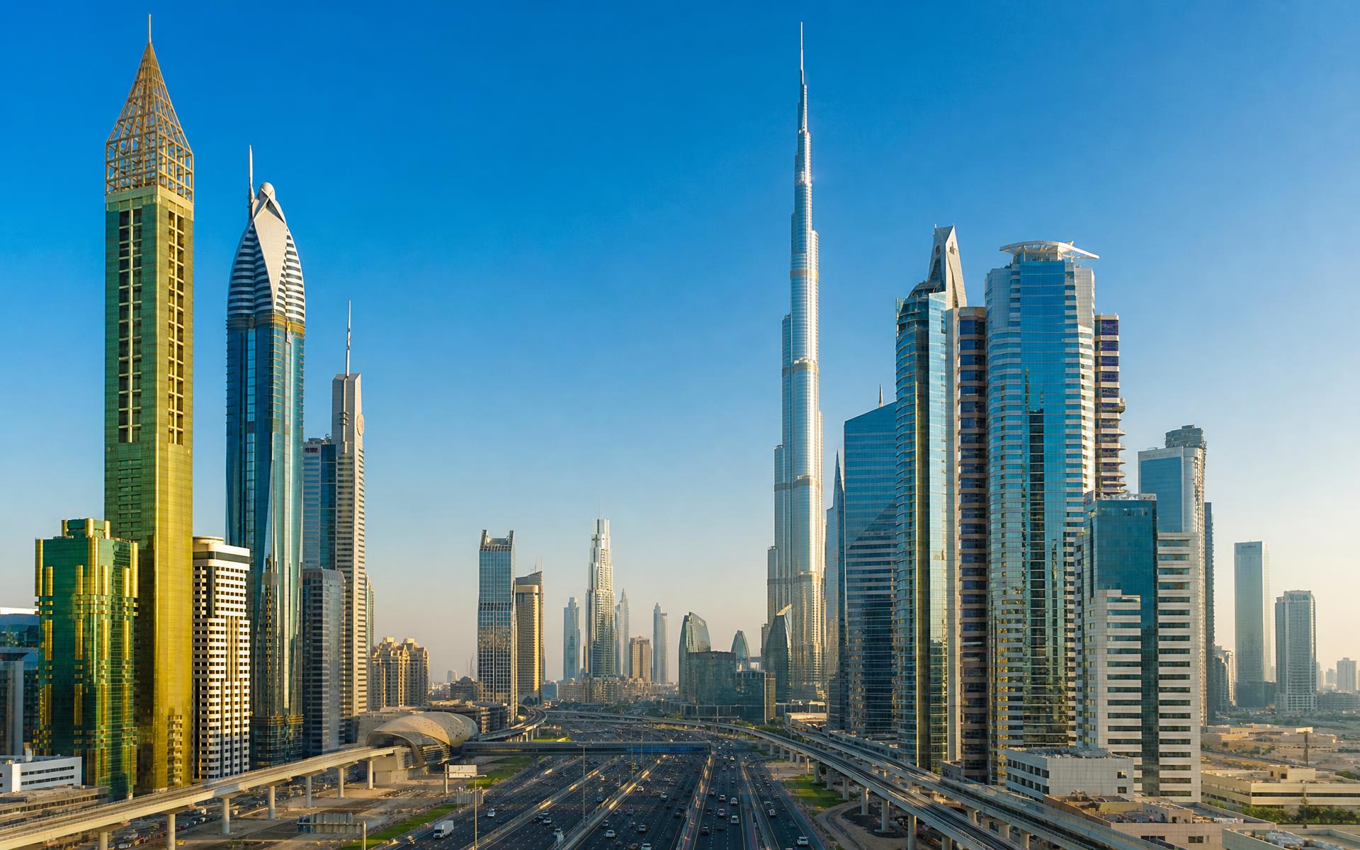 Dubai skyline along Sheikh Zayed Road with the Burj Khalifa
