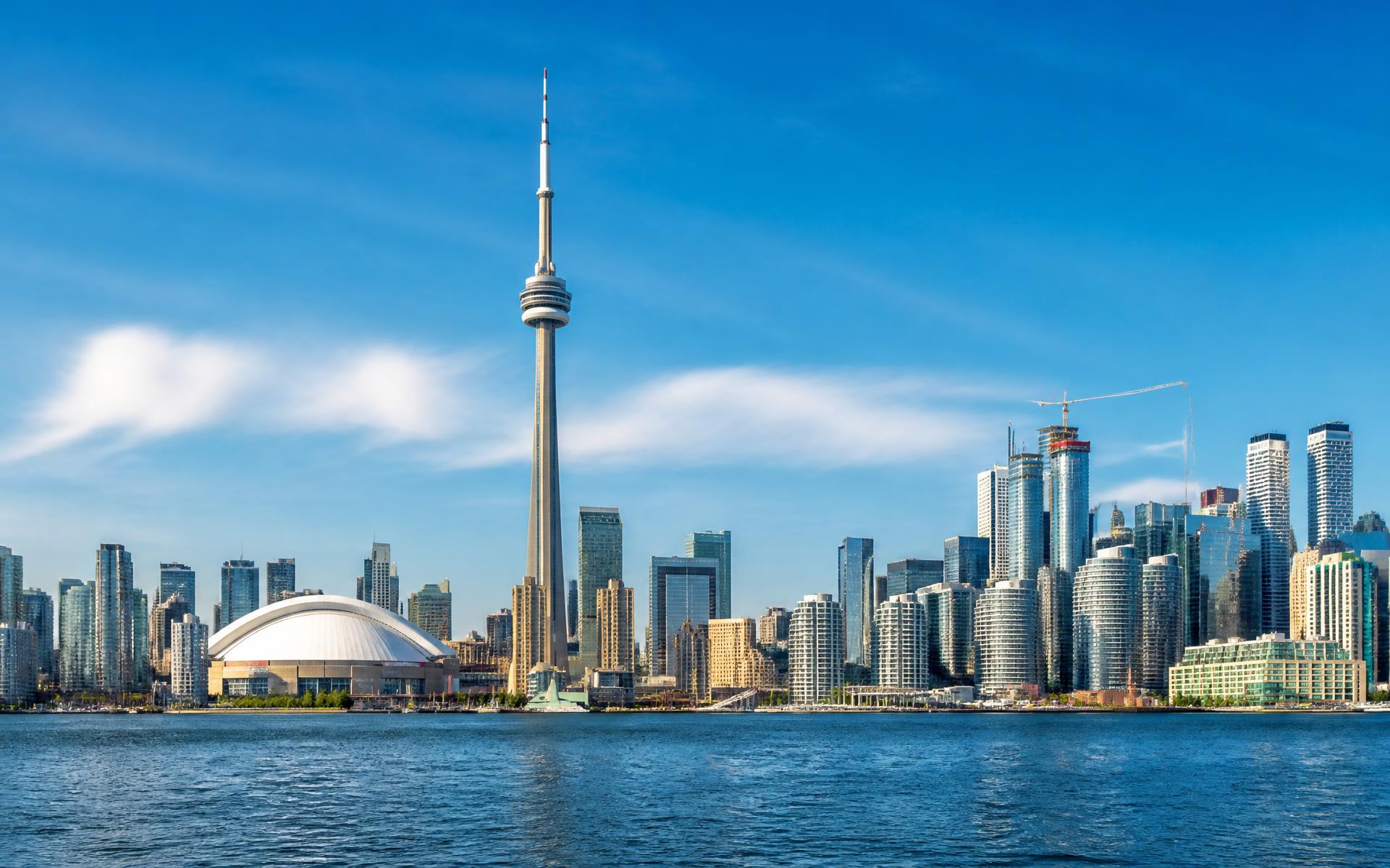 The Toronto skyline with the CN Tower seen across Lake Ontario